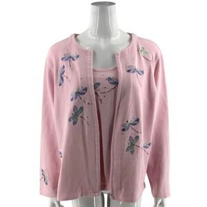 Quacker Factory Womens Sweater Size XL Pink Butterfly Embroidered Faux Twinset
